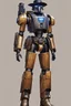 Placeholder: A Star Wars Combat Droid, Wearing Western Cowboy Clothes, Armour looks like Halo, Wearing a cowboy hat and a Cowboy Over-Coat.