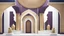 Placeholder: Hyper Realistic Islamic-Architectural-Mosque-Open-White-Door-&-Navy-Wall on Purple-Rustic-Wall with maroon-crafting-on-Golden-pillars