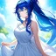 Placeholder: Clear focus, 8k, beautiful lighting, vibrant colors, girl, blue hair, long hair, vibrant white eyes, ponytail, messy hair, white dress,