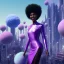 Placeholder: Ultra realistic photo. volumetric lighting , scientist. Young black woman, dark skin black woman. young, big smile. Joy. smiling. Afro futurism. Afro puffs. Blue hair. Ombré hair Cotton candy. Futuristic cities in background. Space. Space travel. Silver. Cities