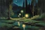 Placeholder: Night, rocks, trees, little puddle, mountains, beyond and trascendent influence, philosophic, 80's sci-fi movies influence, wilfrid de glehn and jenny montigny and rodolphe wytsman impressionism paintings