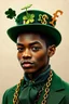 Placeholder: "A stylish young African male leprechaun with light skin and a dimple on his chin, looks like a young MichaelJackson. He has three antennas on his hat: one with a four-leaf clover, another with a dollar sign, and the third with a British pound sign. He has a modern and confident look, blending traditional leprechaun elements with unique and fashionable details." 8 ball chain