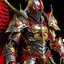 Placeholder: silver and gold knight armor with glowing red eyes, and a ghostly red flowing cape, crimson trim flows throughout the armor, the helmet is fully covering the face, black and red spikes erupt from the shoulder pads, three pairs of crimson and gold angel wings are erupting from the back, crimson hair coming out the helmet, spikes erupting from the shoulder pads and gauntlets