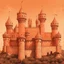 Placeholder: A light rosy orange colored fortress with swords painted by Leonardo da Vinci