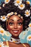 Placeholder: Create a abstract cartoon art style image of a curvy black female looking down with a smile on her face. Prominent makeup with hazel eyes. Highly detailed messy curly bun with a hair scarf tied on her head with large daisy flowers surrounding her. 2k