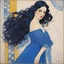 Placeholder: a naive painting of a Spanish brunette with long hair, small nose, in a blue silk dress with thin straps, thick lines, large areas of flat color, la ligne claire by Kupka