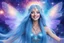 Placeholder: A beauty Fairy women with long blue straight hair, with a beautiful face. She has Crystal wings and sweety elegant smile.She Is a magic sacred dancer in cosmica ceremony..the background Is a magic coloured bright galaxy, with a stars. She Is so fine gentle and with grace