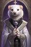 Placeholder: (anthropomorphic white ferret),dressed in ((cleric fantasy)) black clothes with silver holy ornaments, realistic anatomy, posing, cute face, fantasy inspire, fantasy church on background with warm sunshine lighty from behind, gloomy atmosphere, (((high angle shot))), purple armband, The holy icon style, RTX, praying, close eyes