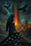 Placeholder: a weird bird-man creature in dark hooded and hat sitting on top of a tree stump, pile of skulls under his feet, under in valley a ruins city with fires and ash and bones, dark deep colors, style by Vincent Lefevre, El Kazovszkij, and Lovecraft , black ravens fly on the dakr sky, nightmare, dark dream of the end the world, in the background floating a tall dark magic gate into after-life, surreal weird art, cinematic