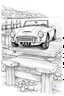 Placeholder: outline art for an adults coloring page, Austin-Healey Sprite at a Coastal Pier, white background, sketch style,no color , only use outline, clean art , white background, no shadows , no shades , clear well outlined, easy to color