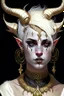 Placeholder: A young tiefling woman with a set of ram horns on her head encrusted with jewels, White-Blonde, short hair, black eyes, dressed in white and gold with lots of jewelry, beautiful, satanic tattoos on her neck,