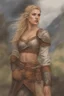 Placeholder: A drawing of beautiful woman with blond hair, viking braids Brown leather armor.