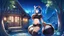 Placeholder: Girl, blue hair raccoon tail, raccoon ears, house, night time, forest, raccoon paws in foot, open navel