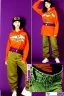 Placeholder: year 1999 women fashion, Techno, Loose, baggy, low waist Combat pants, t-shirt, new kind of hoodie with tippet! Colors: all denim colors, purple, khaki, light green, lilac, plum, orange, terracotta, red, pink, dark blue, beige. Patterns: lynx, balls, stripes. lynx belt. Something between camouflage and owl prints. Women models. Sharon Stone, Sandra Bullock, Winona Ryder, Milla Jovovich, Big tennis shoes on. Latex, denim and leather e.g. in Leg warmers.