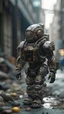 Placeholder: insulated armor, spacesuit, lots of small details, sci-fi movie style, on a ruined city street, overcast, photography, bokeh like f/0.8, tilt-shift lens 8k, high detail, smooth render, down-light, unreal engine