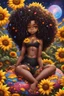 Placeholder: A sassy thick-lined oil painting cartoon black chibi girl lounging lazily on her side, surrounded by colorful flower petals. She is in the middle of the astrological Leo symbol with Prominent makeup. Highly detailed tightly curly black afro. Background of large yellow sunflowers surrounding her . Looking up coyly, she grins widely, showing sharp lion teeth. Her poofy hair forms a mane framing her confident, regal expression.