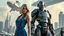 Placeholder: A full-body photograph of a young, slender woman with blond shoulder-length bob hair in a blue jumpsuit, standing in a futuristic cityscape with advanced spacecraft behind them, with a huge android in a huge metal exosuit with a helmet standing guard beside her.
