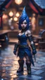 Placeholder: full figure with metallic stone gauntlets holding dark blue jagged dagger, standing on wet tiled floor outside fantasy tavern, focused female asian vampire gnome from worms armageddon wearing makeup, bokeh like f/0.8, tilt-shift lens 8k, high detail, smooth render, down-light, unreal engine, prize winning