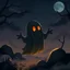 Placeholder: Cartoon whimsical fantasy nighttime black ghost made of shadows and gas with orange eyes