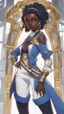 Placeholder: sci-fi, arcane animation series style, league of legends, Solo, 1girl, attractive female with freckles, african, dark skin, golden eyes, dark hair, braided dreadlocks, earrings, makeup, (detailed skin texture), white and indigo-blue suit