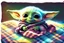 Placeholder: Cute happy Baby Yoda sits on a colourful plaid fleece blanket and plays with tiny floating phosphorescent planets in the sunlight