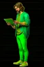 Placeholder: Modern guy, 20s, holding ipad, hand lower, looks like a renaissance painting, facing forward, full body, green, right hand pointing down.