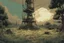 Placeholder: radio tower, overgrown apocalyptic, background, comic book, cabin,, cinematic