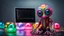 Placeholder: A middle size, jelly-like fatt body colorful pastel patterned skin, big eyes alien creature tanding a floor, full body, high detailed, high textured, sharp focus, deep colors, Professional photography, bokeh, natural lighting, canon lens, shot on dslr 64 megapixels , blur background with neon light, office