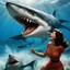 Placeholder: she open her mouth: the woman bites the back of the shark (crazy psychedelic high res photo by Ray Harryhausen) confident woman in a dynamic, cinematic pose is biting a colossal shark directly in the middle of its body, bites the shark around its fin. comedic tension as if the woman is “biting off more than she can chew.” Dramatic ocean lighting, splashes and water droplets frozen mid-air, wide-angle perspective to emphasize the shark’s enormous size.