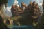 Placeholder: medieval buildings with balconies overhanging lake edge with blue sky and people, photorealism detailed matte painting, fantastical, intricate detail, splash screen, concept art