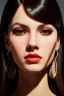 Placeholder: young woman, brown hair, dark orange eyes, hoop earrings, red blouse, elegant, dark eyeshadow, black eyeliner, high arch angular eyebrows, head and shoulders portrait, 8k resolution concept art portrait by Greg Rutkowski, Artgerm, WLOP, Alphonse Mucha dynamic lighting, hyperdetailed, intricately detailed, Splash art trending on Artstation