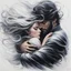 Placeholder: a painting of a man and a woman embracing each other. The man is holding the woman close to him, and the woman has her arms wrapped around his neck. The man has dark hair, and the woman has long, flowing white hair. The background is a swirling mass of white and black.