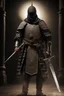 Placeholder: A picture of a strong Islamic knight holding a sword in his hand, at night, with his back to the camera