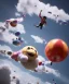 Placeholder: Ultra realistic speed clouds sky scene, wide angle view, strong men falling down with many Childs background, circus clothing style, feather color clothing, free jumping flying, many trinkets, hair monster, many jelly beans, balls, color smoke, smile, happy, extreme, wind, clouds sea, 20,000 feet altitude, stratosphere, soft color, highly detailed, unreal engine 5, ray tracing, RTX, lumen lighting, ultra detail, volumetric lighting, 3d, finely drawn, high definition, high resolution.