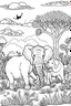 Placeholder: Feature a lion, elephant, and zebra in a savannah setting, with a few acacia trees, clean line art, white background, no shadows, black and white coloring book.