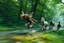 Placeholder: motion blur fast running caped long haired pixie Quickling - Forgotten Realms dodging arrows above water and along winding branches in lush green forest along speeding horses , bokeh like f/0.8, tilt-shift lens 8k, high detail, smooth render, down-light, unreal engine, prize winning