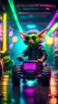 Placeholder: portrait of Hairy Gremlin myth buster pimp ninja yoga cyber punk in flying hipster lawn tractor parked in dark neon lit reflective misty wet arcade hall tunnel,bokeh like f/0.8, tilt-shift lens 8k, high detail, smooth render, down-light, unreal engine, prize winning