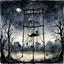 Placeholder: creepy dark watercolor, creepy playground at night lit by moonlight, silhouette of giant swing set made of bones, eerie small people swinging from swing seats impossibly dangerously high off ground, pagan goat skull trophy adorns top of swing set, horror realism, creepy, sinister