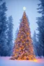 Placeholder: Huge lonely Christmas tree full of lights in a dark snowy forest, multiple deer, cabin with lights