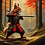 Placeholder: red squirrel samurai in black and gold armor drawing a katana standing in forest realistic painting