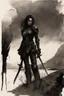 Placeholder: A formidable warrior girl in black armor, on the background Amazing gloomy landscape, flooded with sunset, mountains, trees, fabulous scary hero, , juicy emotions, painting, dark fantasy, gloomy day, dark world, portrait, A Quick Pencil Sketch Of A Portrait Of A 20 Years Old Woman; By Alex Maleev