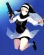 Placeholder: A nun in a short dress jumping with a gun