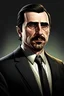 Placeholder: Please generate a portrait image that blends GTA5 and Godfather styles based on a young Christian Bale, highlighting the background style of GTA5, with the character dressed in a suit, well groomed and good looking.