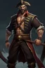 Placeholder: ,make a hero strong human, very realistic. Make it wearing a pirate dress standing by the ship stern