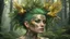 Placeholder: punk 45 years old, forest on head, plant hair, green plants, golden birds, golden makeup, tattoo, shiny aura, very detailed, fine rendering, high detail, high resolution, 8K