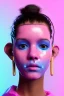 Placeholder: Ultra Realistic image, Rosalía artist, portrait, normal complexion, waist up portrait, two monkeys hair ,black eye long line, sweet face, t-shirt with holes, inflatable open coat, gold pink and blue style, spray glow make up, geometric led jewelry, fog, hot, inflatable style latex coat, vibrant color, highly detailed, art stations, concept art, smooth, unreal engine 5, god rays, ray tracing, RTX, lumen lighting, ultra detail, volumetric lighting, 3d, finely drawn, high definition, high resoluti