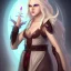 Placeholder: Female Aasimar Warlock dungeons and dragons character, with pale hair and glowing eyes