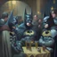 Placeholder: An oil painting of a dark universe masonic sad drunk batman convention, diferent colors batmans