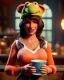 Placeholder: waitress British woman with muppet mask that covers her entire head, green, retro style, Sesame Street style, smooth, unreal engine 5, god lights, ray tracing, RTX, lumen lighting, ultra detail, volumetric lighting, 3d.