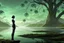 Placeholder: A skinny woman with a black bob hairstyle, in a green and silver suit, standing, looking out over a lake, in an alien forest, with tall narrow cloud trees, with flying dandelion heads with octopus tentacles